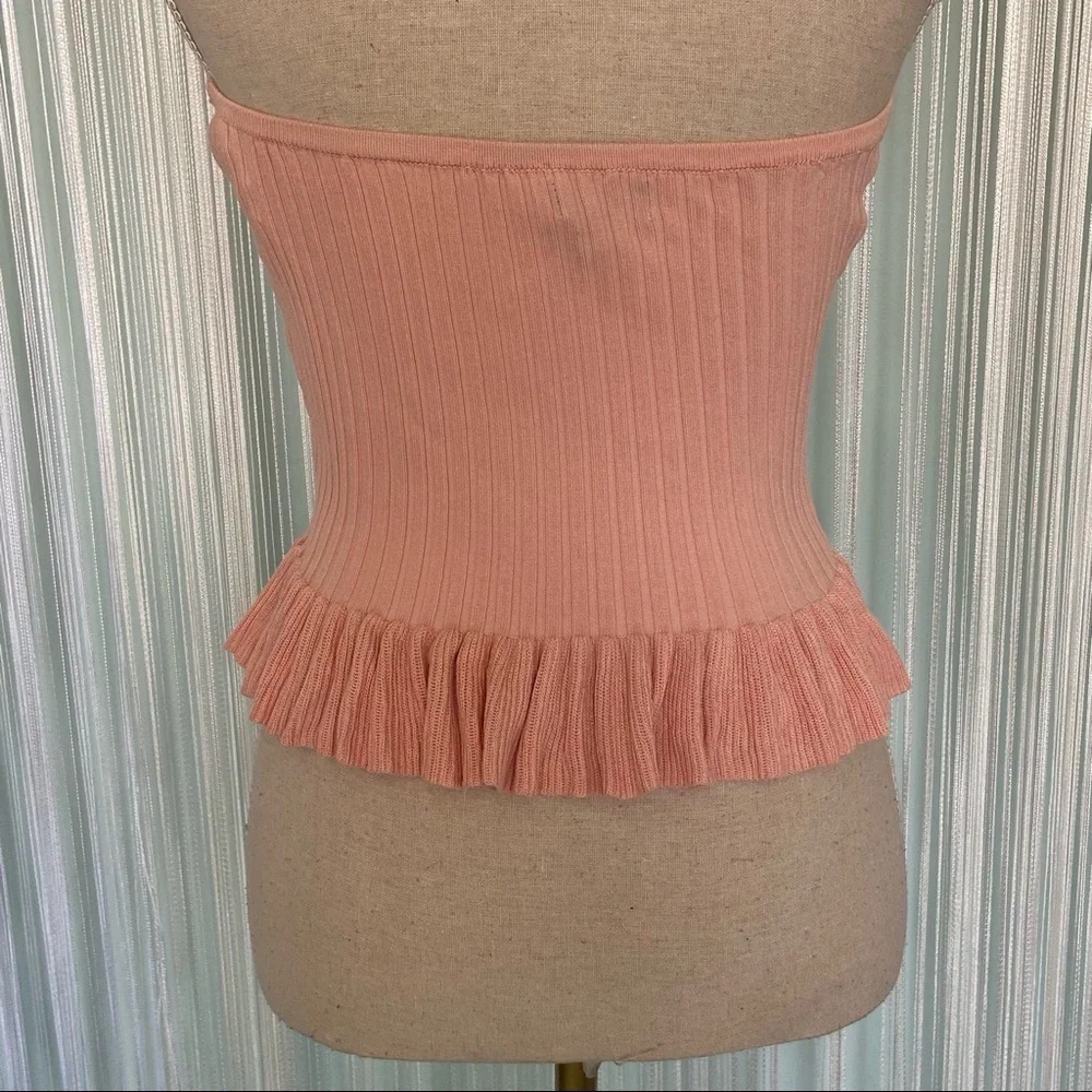 Pink Color Knit Stretchy Ribbed Ruffle Tube Top Size Small - Picture 2 of 15